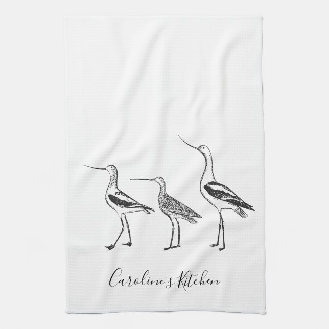 Minimalist Bird Drawing Black White Personalized  Kitchen Towel (Vertical)