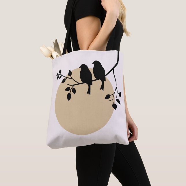 Minimalist Birds on Branch with Beige Sun Tote Bag (Close Up)