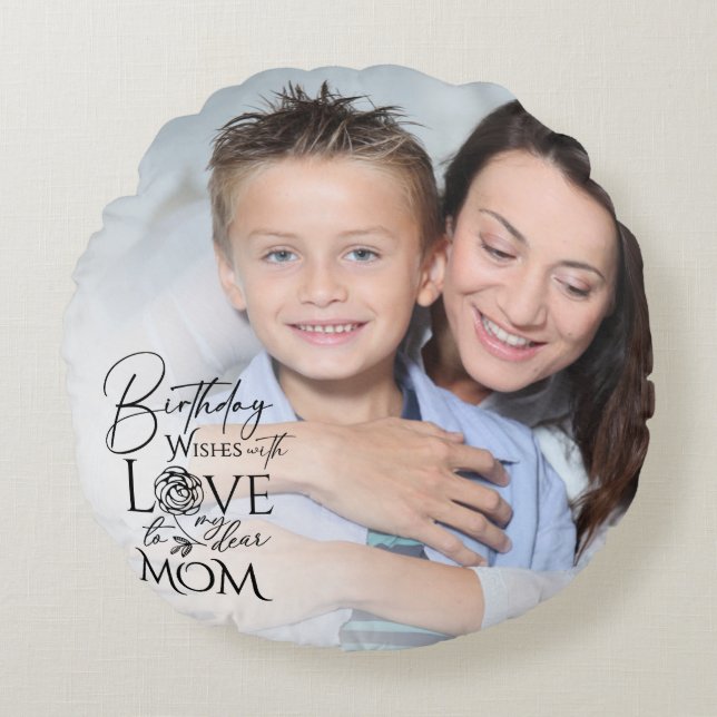 Minimalist Birthday Photo Frame Calligraphy Mom Round Pillow (Front)