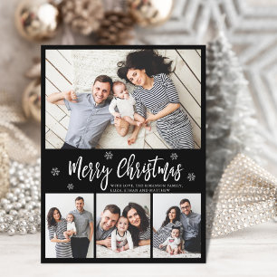 Minimalist Black 4 Photo Collage Script Christmas Postcard