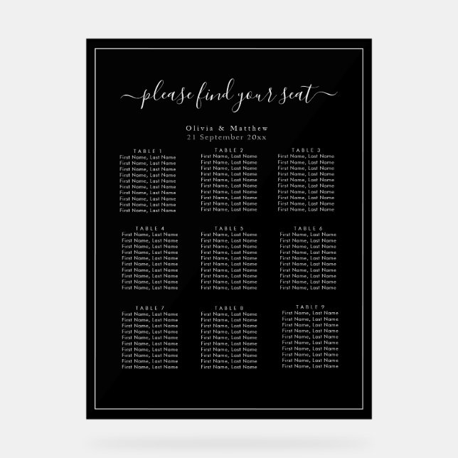 Minimalist Black Acrylic Wedding Seating Chart (Front)