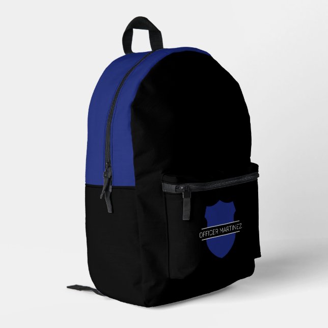 Minimalist Black and Blue Custom Police Officer Printed Backpack (Back Corner Left)