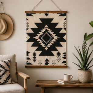 Minimalist Black and Cream Southwestern Geometric  Hanging Tapestry