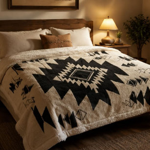 Minimalist Black and Cream Southwestern Geometric Sherpa Blanket