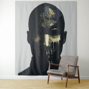 Minimalist Black and Gold Abstract Portrait Art Tapestry