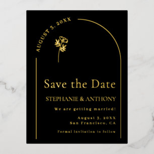 Minimalist Black and Gold Arch Wildflower Wedding  Foil Invitation Postcard
