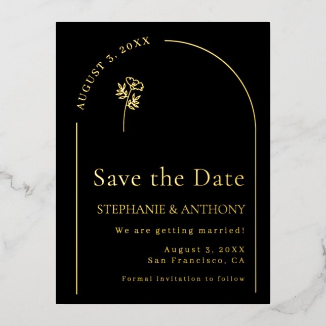 Minimalist Black and Gold Arch Wildflower Wedding  Foil Invitation Postcard (Front)
