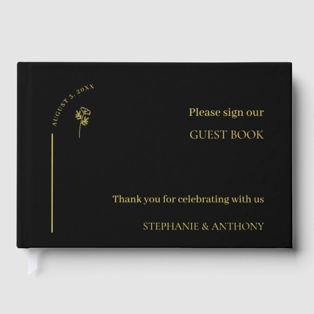 Minimalist Black and Gold Arch Wildflower Wedding  Guest Book (Front)