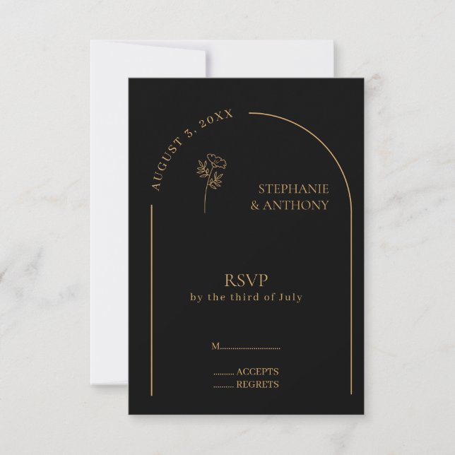 Minimalist Black and Gold Arch Wildflower Wedding  RSVP Card (Front)