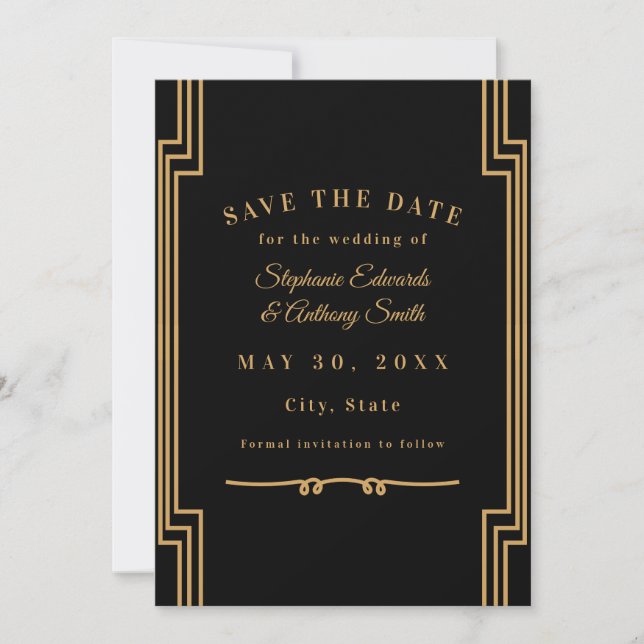 Minimalist Black and Gold Art Deco Wedding  Save The Date (Front)