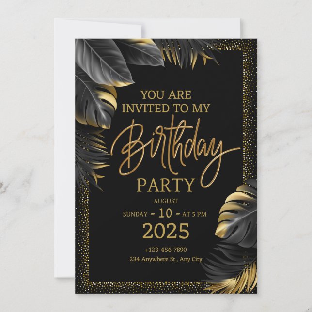 Minimalist black and gold Birthday invitation (Front)