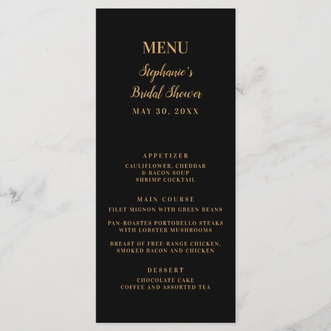Minimalist Black and Gold Bridal Shower   Menu (Front)