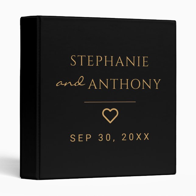 Minimalist Black And Gold Heart Modern Wedding   Binder (Front/Spine)