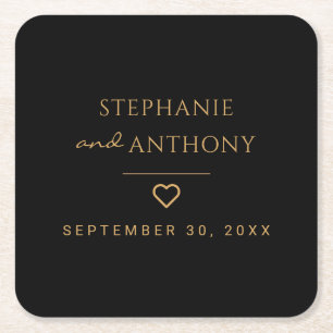 Minimalist Black And Gold Heart Modern Wedding Square Paper Coaster