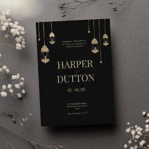 Minimalist black and gold lantern lights wedding invitation