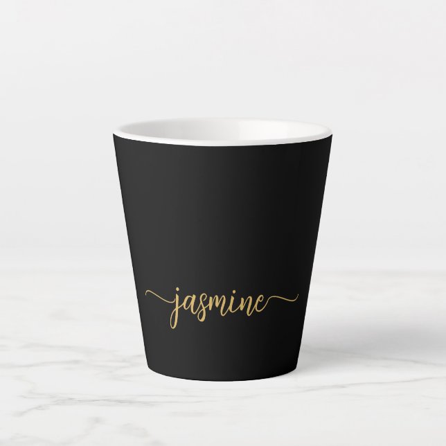 Minimalist Black And Gold Monogram Name Signature Latte Mug (Front)