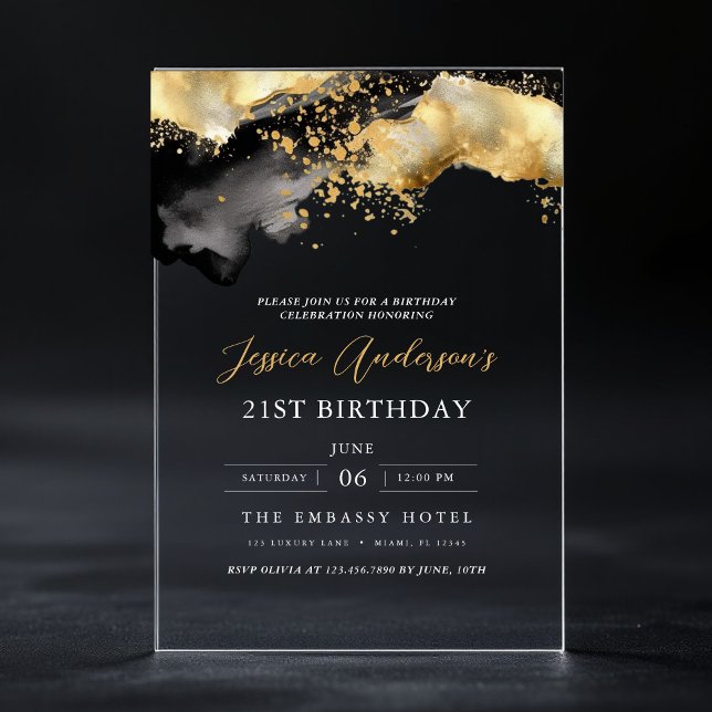 Minimalist Black and Gold Script 21st Birthday Acrylic Invitations (Creator Uploaded)