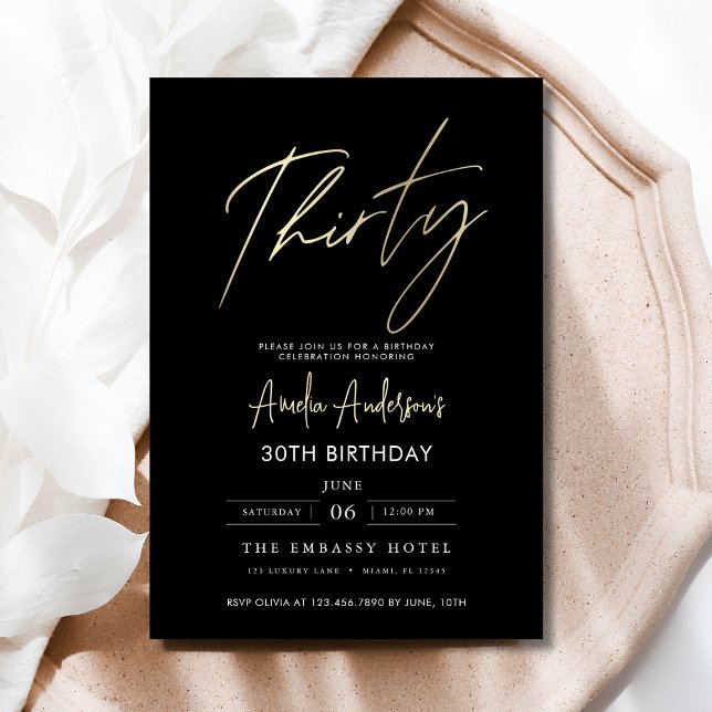 Minimalist Black and Gold Script 30th Birthday Invitation (Creator Uploaded)