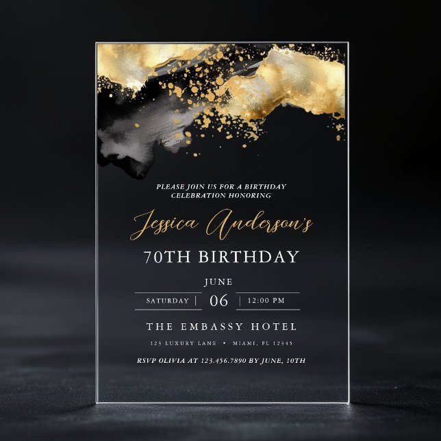 Minimalist Black and Gold Script 70th Birthday Acrylic Invitations (Creator Uploaded)