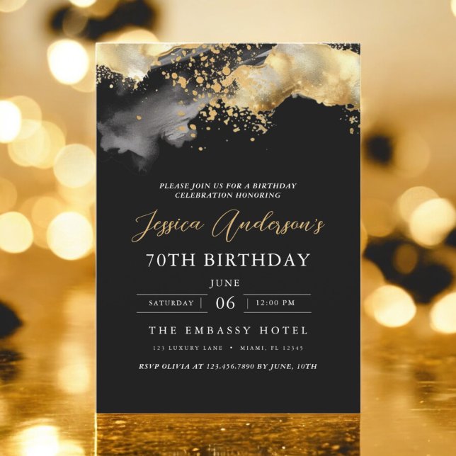 Minimalist Black and Gold Script 70th Birthday Invitation (Creator Uploaded)