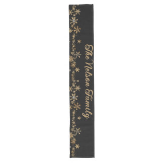 Minimalist Black and Gold Snowflake Family Name Long Table Runner