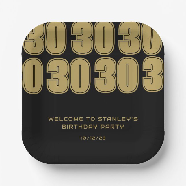Minimalist Black and Gold Thirty Birthday Party Paper Plate (Front)