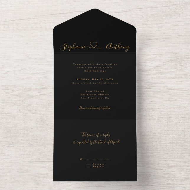 Minimalist Black and Gold With a Heart Wedding All In One Invitation (Inside)