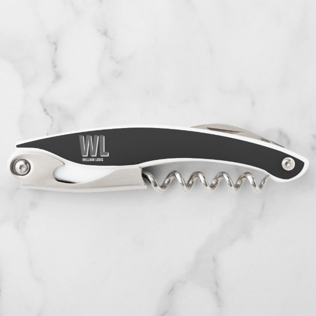 Minimalist Black and Grey Personalized Monogram  Corkscrew (Front)