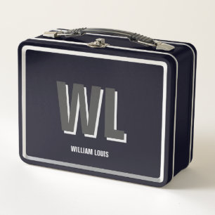Minimalist Black and Grey Personalized Monogram Metal Lunch Box