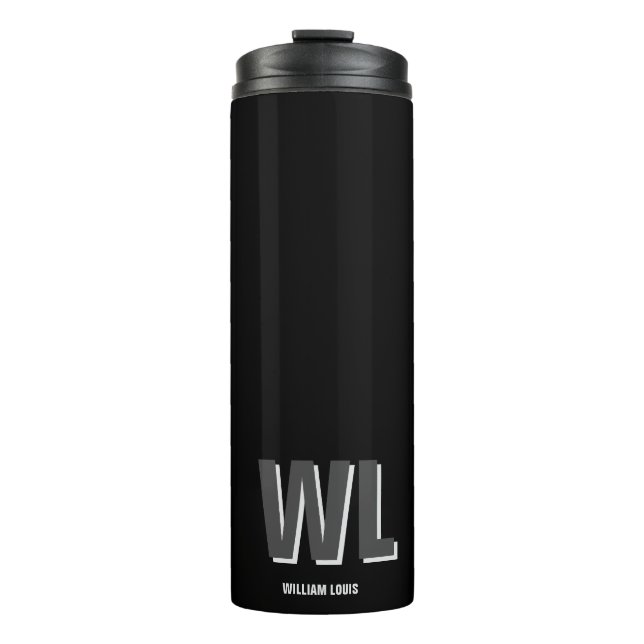 Minimalist Black and Grey Personalized Monogram  Thermal Tumbler (Front)