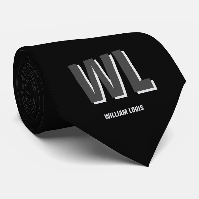 Minimalist Black and Grey Personalized Monogram  Tie (Rolled)