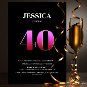 Minimalist Black and Pink 40th Birthday Party Invitation
