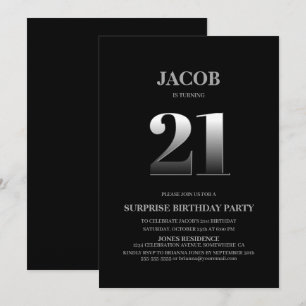 Minimalist Black and Silver Surprise 21st Birthday Invitation
