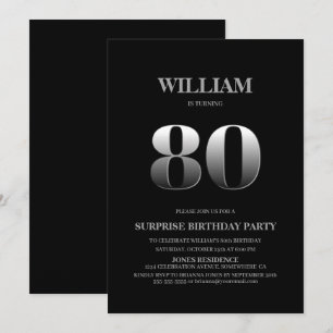 Minimalist Black and Silver Surprise 80th Birthday Invitation