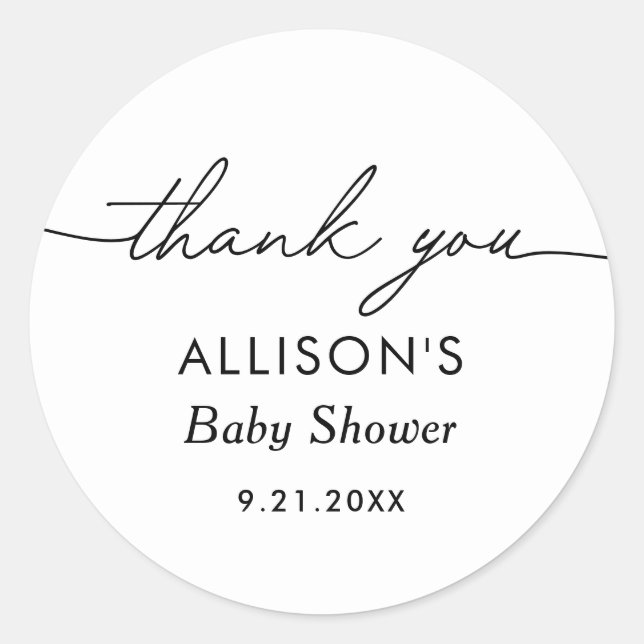 Minimalist Black and White Baby Shower Classic Round Sticker (Front)