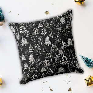 Minimalist Black and White Chalk Christmas Trees Throw Pillow