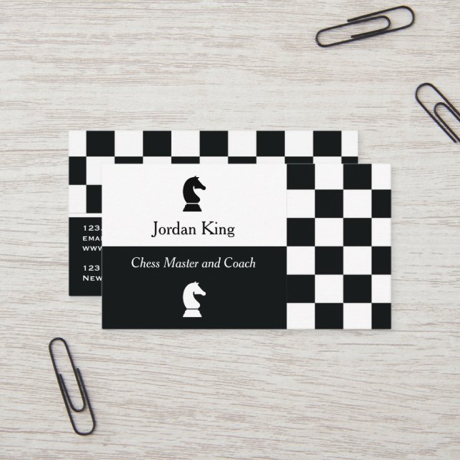 Minimalist Black and White Chequered Chess Coach Business Card (Front/Back In Situ)