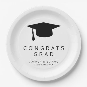 Minimalist Black and White Congrats Graduation Cap Paper Plate