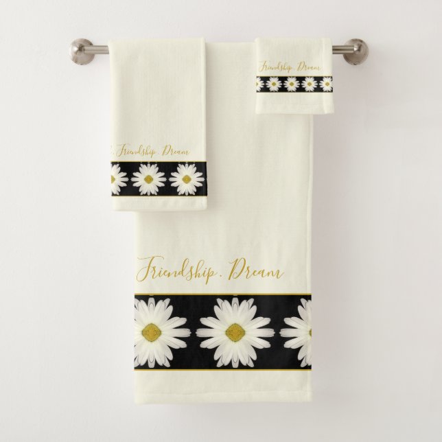 Minimalist Black and White Cream Daisy Floral Bath Towel Set (Insitu)