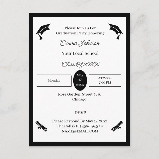 Minimalist Black And White Custom Graduation Announcement Postcard (Front)