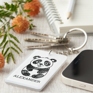 Minimalist Black and White Cute Panda Drawing  Keychain