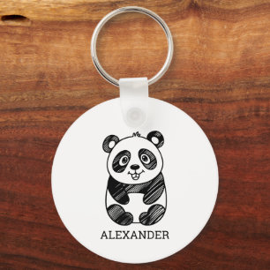 Minimalist Black and White Cute Panda Drawing  Keychain