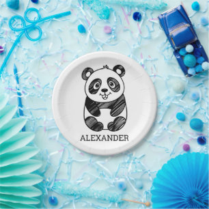 Minimalist Black and White Cute Panda Drawing Paper Plate