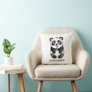 Minimalist Black and White Cute Panda Drawing  Throw Pillow