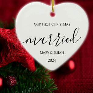 Minimalist Black and White First Christmas Married Ceramic Ornament