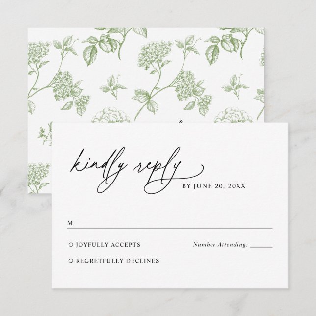 Minimalist Black and White Green Wedding RSVP Card (Devant / Derrière)