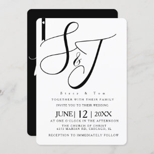 Minimalist Black and White Heart Monogrammed  Invitation