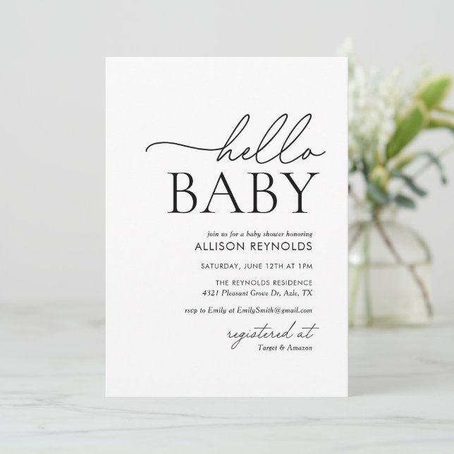 Minimalist Black and White Hello Baby Shower Invitation (Standing Front)