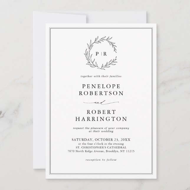 Minimalist Black and White Leaf All in One Wedding Invitation (Front)