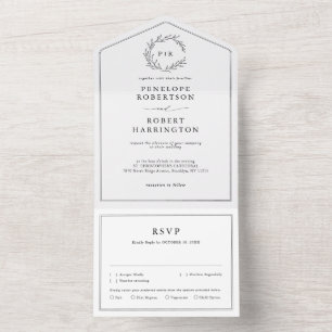 Minimalist Black and White Leaf Modern Wedding  All In One Invitation